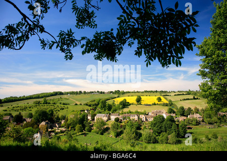 Landscape view over Limestone Built Cottages Naunton Village Gloucestershire Cotswolds England UK Stock Photo