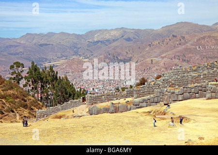 panoramic view of the Inca ruins of Sacsayhuaman and Cuzco, Andes, Peru, South America Stock Photo