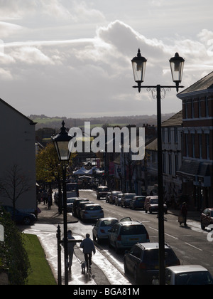 Historic market town on market day, looking down the High Street.  Mold, Flintshire Stock Photo