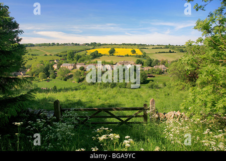 Landscape view over Limestone Built Cottages Naunton Village Gloucestershire Cotswolds England UK Stock Photo