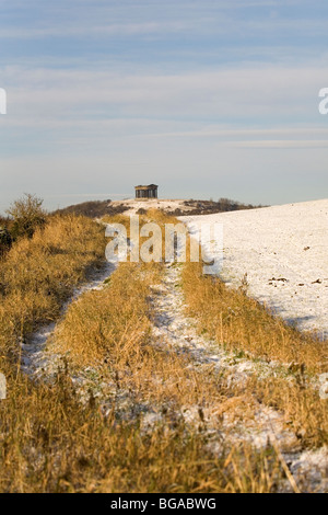 Penshaw Monument, one of North East England's best known landmarks, is seen across snowy fields in Sunderland. Stock Photo