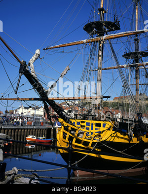 The bow Rigging and masts of the replica British Frigate Grand Turk moored at Whitby Harbour North Yorkshire England Stock Photo