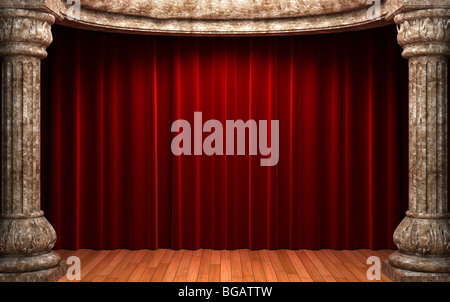 red velvet curtains behind the stone columns Stock Photo