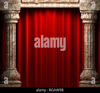 red velvet curtains behind the stone columns Stock Photo