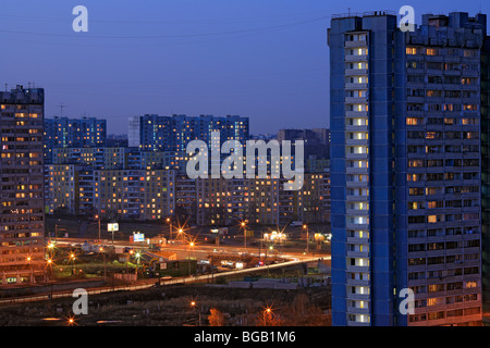 1980s apartment buildings in the evening with lights in windows, Moscow, Russia Stock Photo