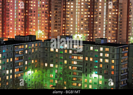 1980s apartment buildings in the evening with lights in windows, Moscow, Russia Stock Photo