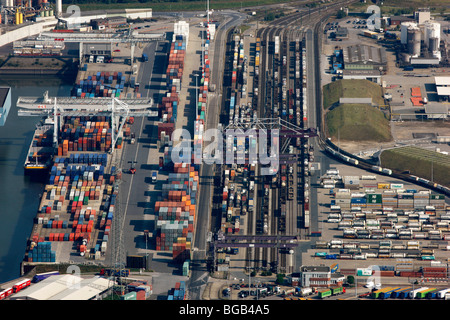 Biggest inland port in the world, in Duisburg, Germany, at river Rhine. Industrial port for all kind of goods. Stock Photo