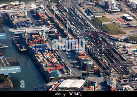 Biggest inland port in the world, in Duisburg, Germany, at river Rhine. Industrial port for all kind of goods. Stock Photo