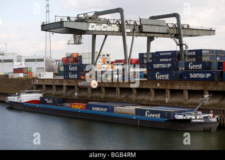 Biggest inland port in the world, in Duisburg, Germany, at river Rhine. Industrial port for all kind of goods. Stock Photo