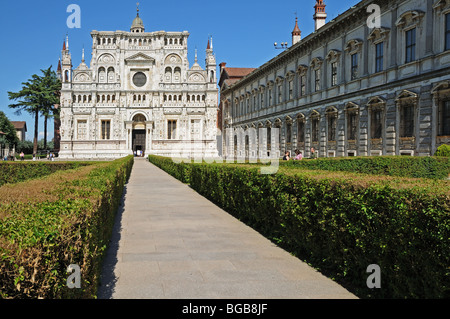 Certosa di Pavia Carthusian Monastery Lombardy Italy with Palace of Dukes of Milan on right Stock Photo