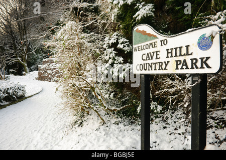Cave Hill Country Park sign, Belfast, in the snow Stock Photo