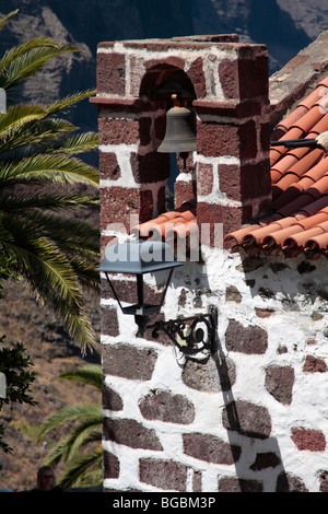 The bellfry on the church in Masca village and the barranco of Masca in Tenerife Canary Islands Spain Stock Photo