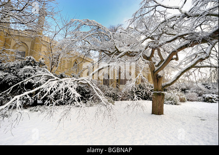The gardens of Brighton Pavilion covered in snow Stock Photo