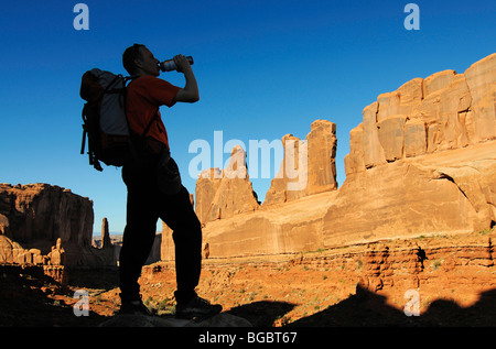 Hiker, Park Avenue, Arches National Park, Moab, Utah, USA Stock Photo
