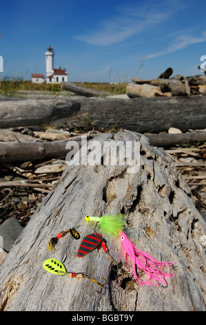 Fishing hooks and flashers, Point Wilson Lighthouse, Fort Worden State Park, Port Townsend, Washington State, USA Stock Photo