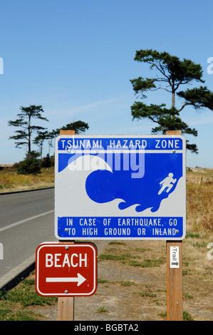 Sign, tsunami warning, Fort Worden State Park, Port Townsend, Washington State, USA Stock Photo