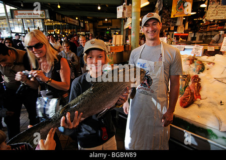 Fishmonger at Pike Place Market, Seattle, USA Stock Photo