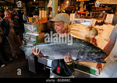 Fishmonger at Pike Place Market, Seattle, USA Stock Photo