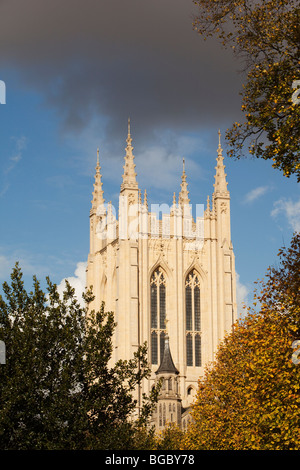 Close up of Saint Edmundsbury Cathedral Millennium Tower at Bury St Edmunds, Suffolk, England. Stock Photo