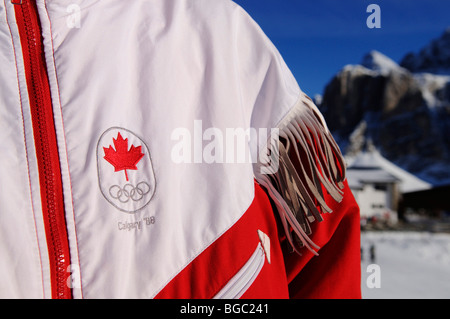 Jacket of the Italian Olympic team from Calgary 1988, participant in nostalgic ski race, Sella Ronda, Passo Gardena, Val Garden Stock Photo