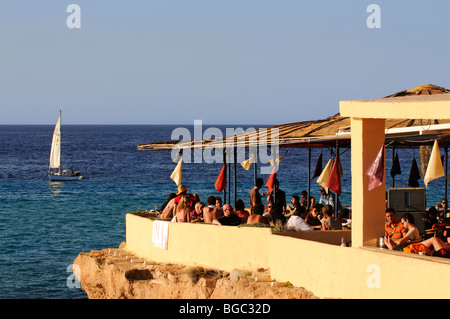 Ashram Sunset Restaurant, Cala Conta, Ibiza, Pine Islands, Balearic Islands, Spain, Europe Stock Photo