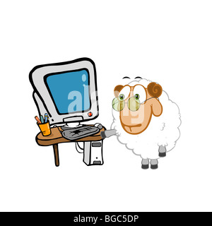 Funny sheep represents its workplace. Cartoon image contains computer table, office utensils, PC, sheep with green eyeglasses Stock Photo