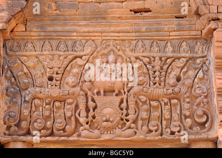 Thailand; Buriram Province; Relief carving on a lintel depicting Shiva and Uma riding the sacred bull Nandi at Prasat Meuang Tam Stock Photo
