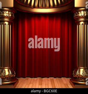 red velvet curtains behind the gold columns Stock Photo