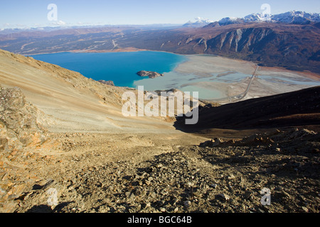 Scree slope, talus, view from Sheep Mountain into Slim's River Valley, Kluane Lake, Kluane Plateau, Shakwak Trench, Ruby Range, Stock Photo