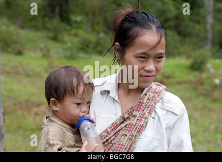 A Penan mother and her son at the Kelabit Highlands in Sarawak in Borneo. Stock Photo