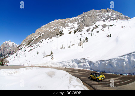Passo Rolle, Alpine pass with Mini-Cooper, South Tyrol, Italy, Europe Stock Photo