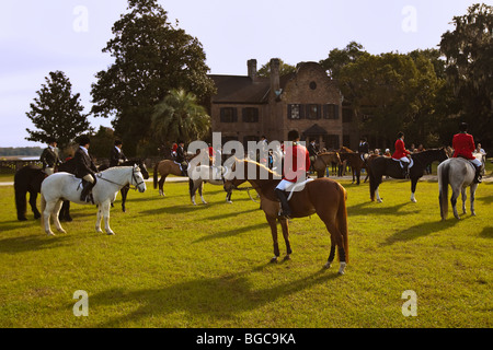 Mounted Fox Hunters on the greensward of the plantation house at Middleton Place plantation in Charleston, SC. Stock Photo
