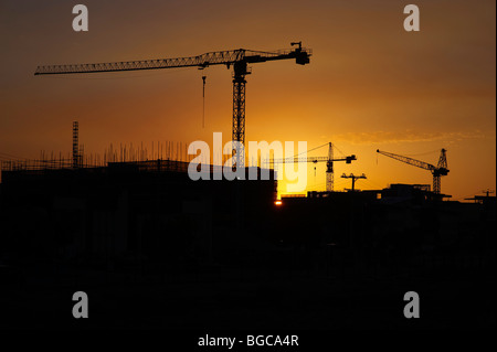 Tower cranes silhouetted on a construction site Stock Photo