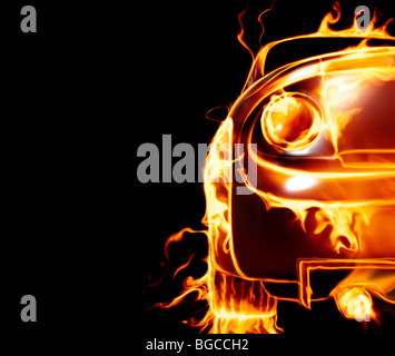 License and prints at MaximImages.com - Covered with flames sports car isolated on black background Stock Photo