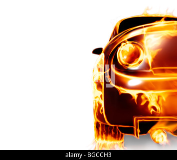 License and prints at MaximImages.com - Covered with flames sports car isolated on white background Stock Photo