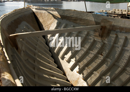 Bow of a dhow ship under construction made of fiberglass and synthetic resin, Ajman, Emirate of Ajman, United Arab Emirates Stock Photo