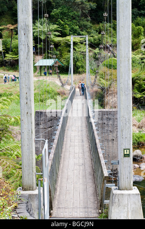 Couple and baby walking on swing bridge across river taken along Karangahake Gorge historic walkway, Hauraki region, Coromandel, Stock Photo