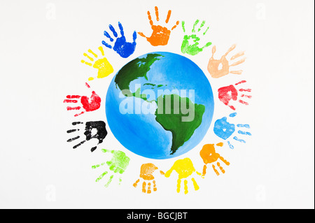 Multicoloured children's hand prints around the world Stock Photo