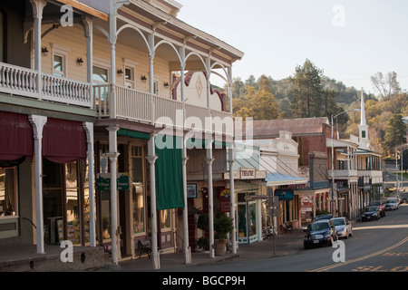 Row of preserved buildings on Main Street, Old Hwy 49, Sutter Creek, Amador County, California, USA Stock Photo