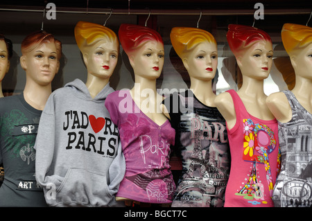 I Love Paris T-Shirts Fashion, Souvenir Tee Shirts on Mannequins in Tourist Shop, Paris, France Stock Photo