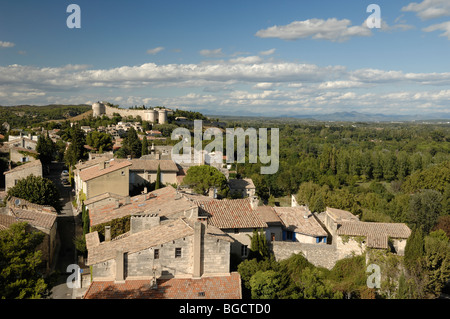 Aerial View or High-Agle View over Village & Houses of Villeneuve-les-Avignon, & Fort Saint André, Gard, Languedoc-Roussillon, France Stock Photo