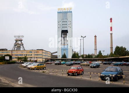 Mine head headgear / lift cage winding gear and tower at the Piast coal Mine. Near Tychy, Sciernie, & Katowice. Silesia, Poland. Stock Photo