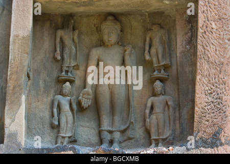 Rock Carving Statues outside Buddhist Cave 19 in Ajanta in India Stock Photo