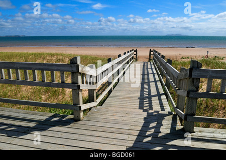 Wooden boardwalk for beach access, Ile du Havre Aubert, Iles de la Madeleine, Magdalen Islands, Quebec Maritime, Canada, North  Stock Photo