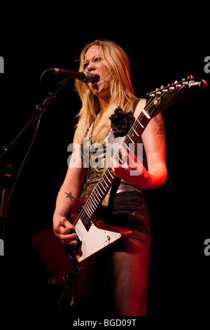 Klara Force, guitarist of the Swedish all-female heavy metal band Crucified Barbara live in the Transilvania venue in Erstfeld, Stock Photo