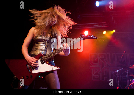 Klara Force, guitarist of the Swedish all-female heavy metal band Crucified Barbara live in the Transilvania venue in Erstfeld, Stock Photo