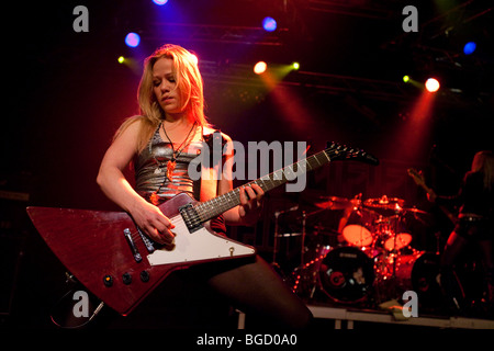 Klara Force, guitarist of the Swedish all-female heavy metal band Crucified Barbara live in the Transilvania venue in Erstfeld, Stock Photo