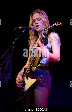 Klara Force, guitarist of the Swedish all-female heavy metal band Crucified Barbara live in the Transilvania venue in Erstfeld, Stock Photo