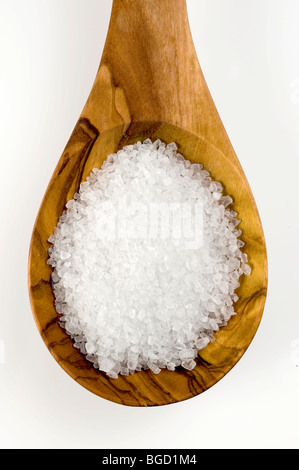 Coarse sea salt on a spoon of olive wood Stock Photo