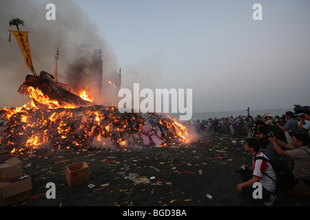 wood boat burning for a taiwanese festival Stock Photo